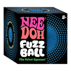 NeeDoh Fuzz Ball The Velvet Squeeze in its black and blue NeeDoh box
