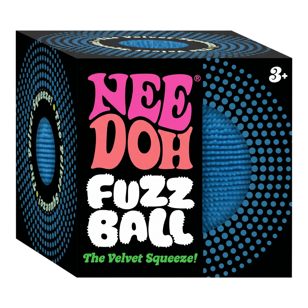 NeeDoh Fuzz Ball The Velvet Squeeze in its black and blue NeeDoh box