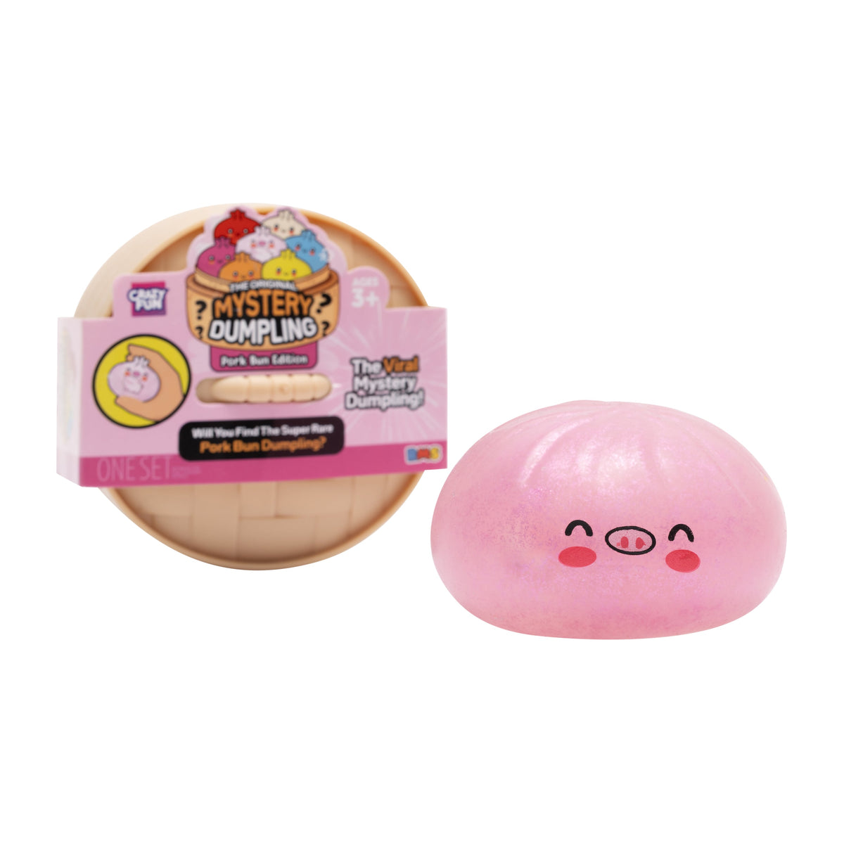A pink pig-faced Pork Bun mystery dumpling squishy beside its package