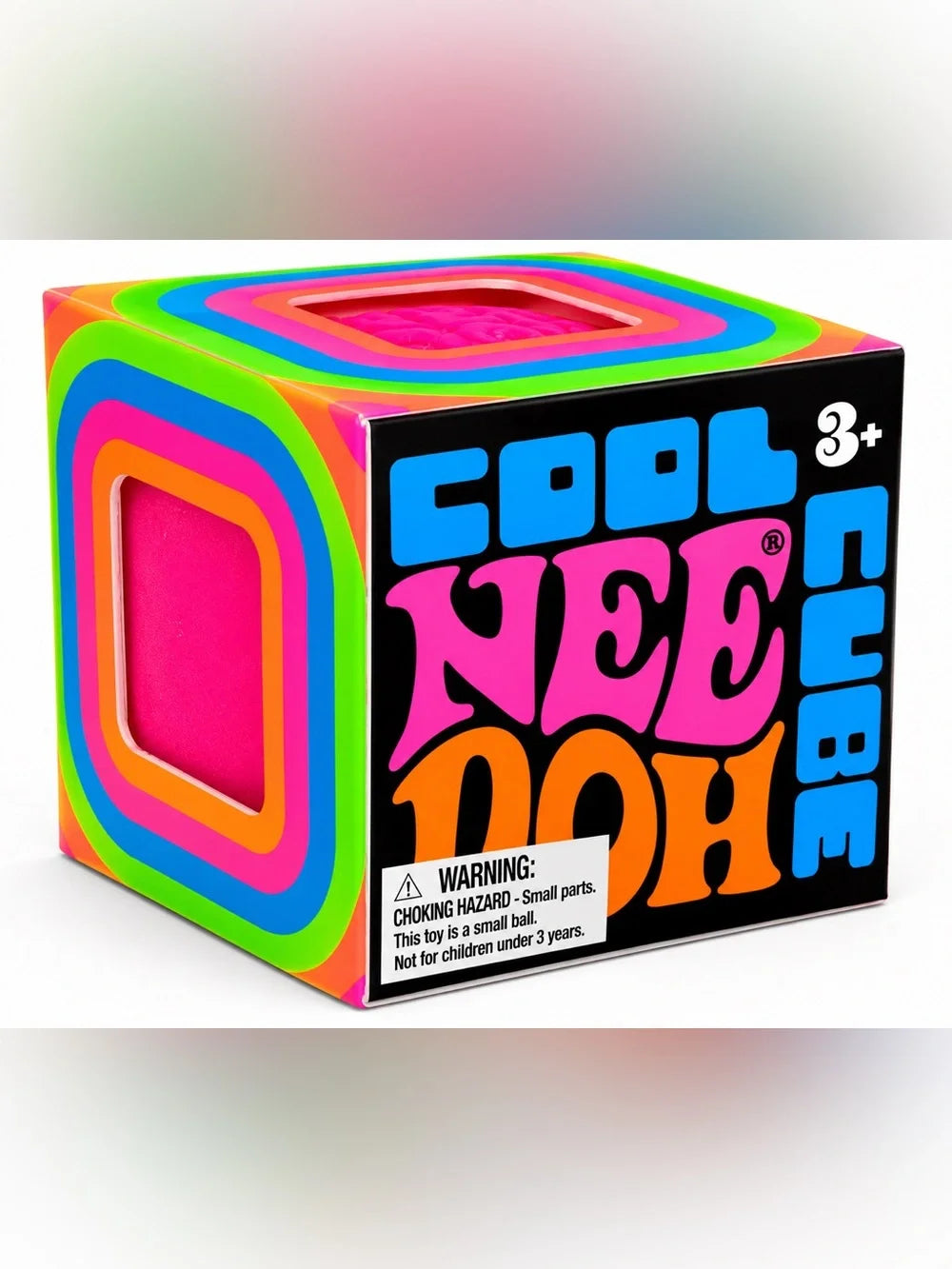 NeeDoh Cool Cube box with a neon rainbow border and pink window