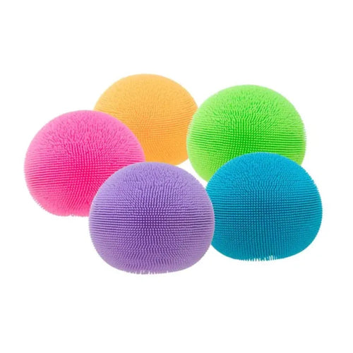 Five NeeDoh Fuzz Ball squishies in pink, orange, green, purple and blue