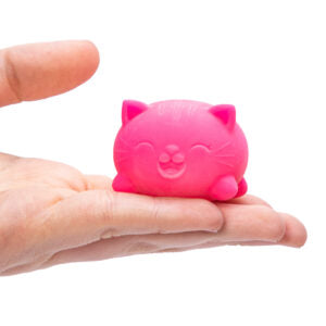 A pink Teenie NeeDoh Cool Cats squishy held in a hand