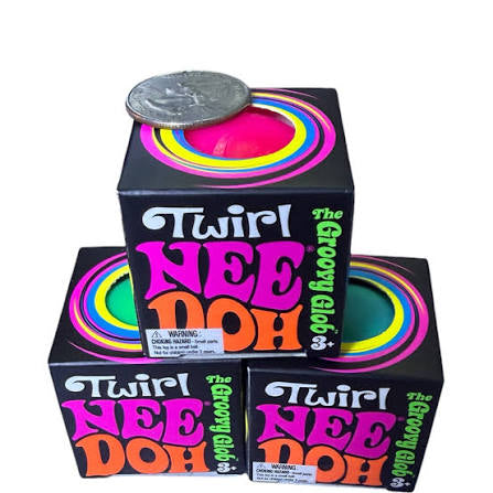 Stacked NeeDoh Twirl The Groovy Glob boxes with a coin on top for size