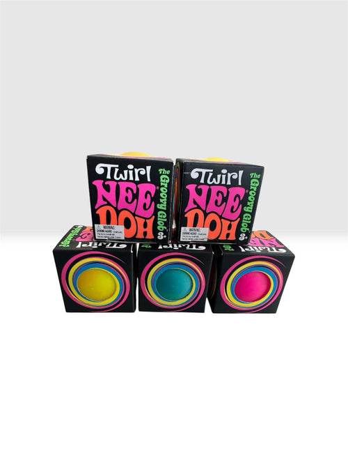 Three NeeDoh Twirl The Groovy Glob boxes showing yellow, blue and pink globs