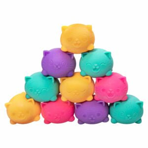 A stack of colorful Teenie NeeDoh Cool Cats squishies