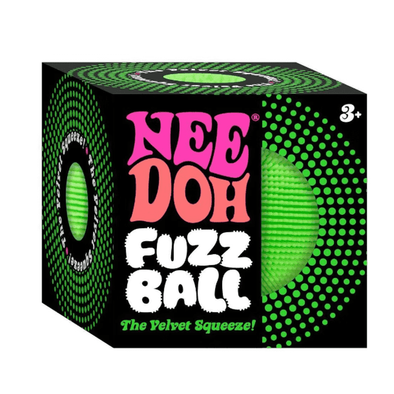NeeDoh Fuzz Ball The Velvet Squeeze in its green NeeDoh box