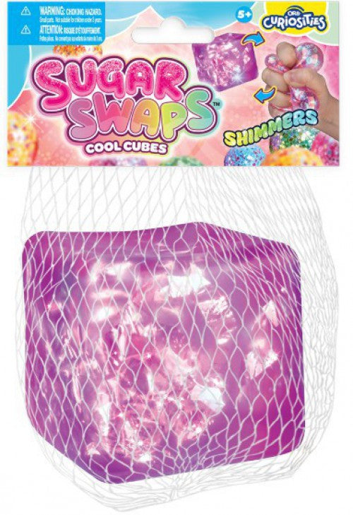 ORB Sugar Swaps Shimmer Cool Cube in its net-bag package, a purple glittery cube
