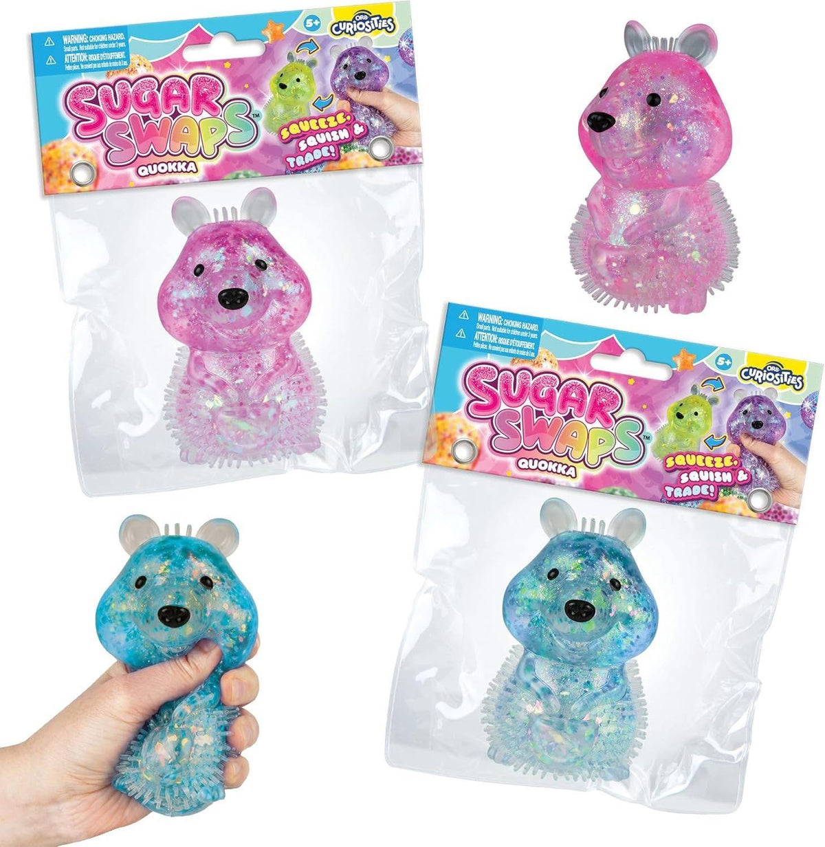 ORB Sugar Swaps Quokka squeeze toys in pink and blue, in their net-bag packages