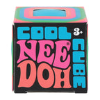 NeeDoh Cool Cube box, front view with a neon rainbow border