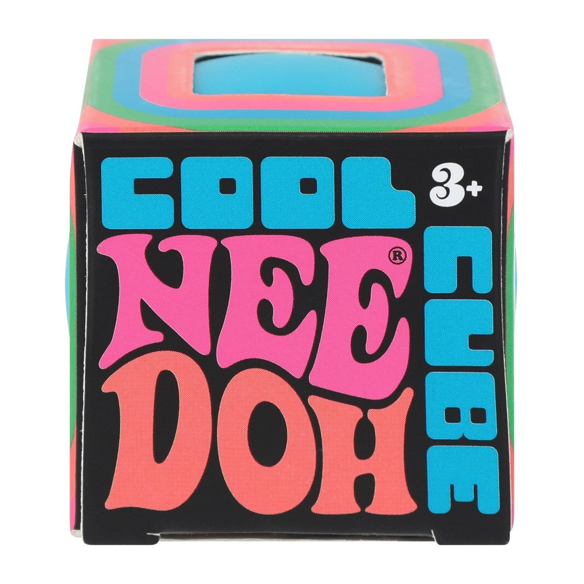 NeeDoh Cool Cube box, front view with a neon rainbow border