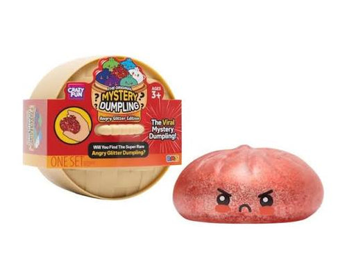 The Angry Glitter Edition package beside a red glittery Mystery Dumpling squishy with an angry face