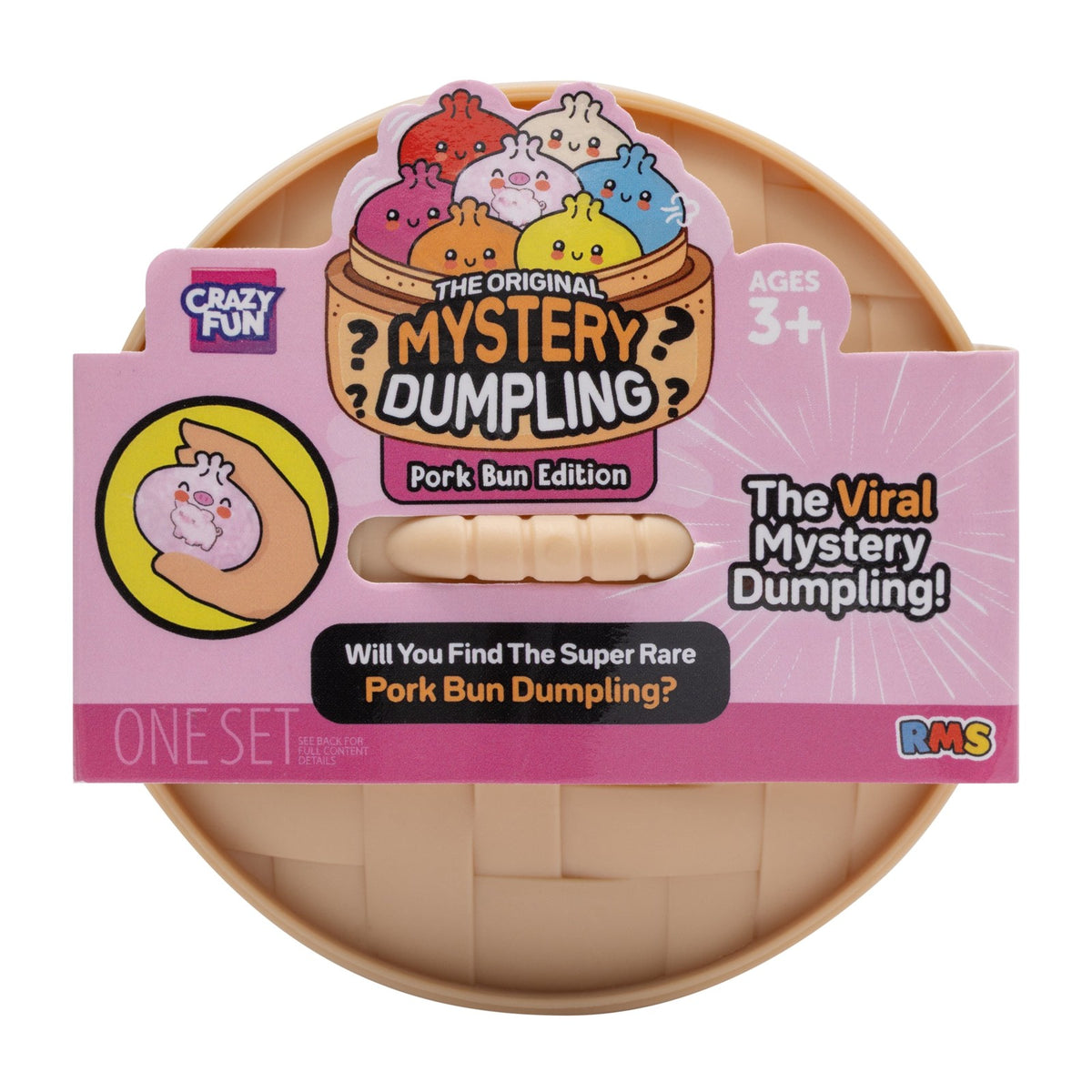 Crazy Fun Mystery Dumpling squishy, Pork Bun Edition, in its basket package