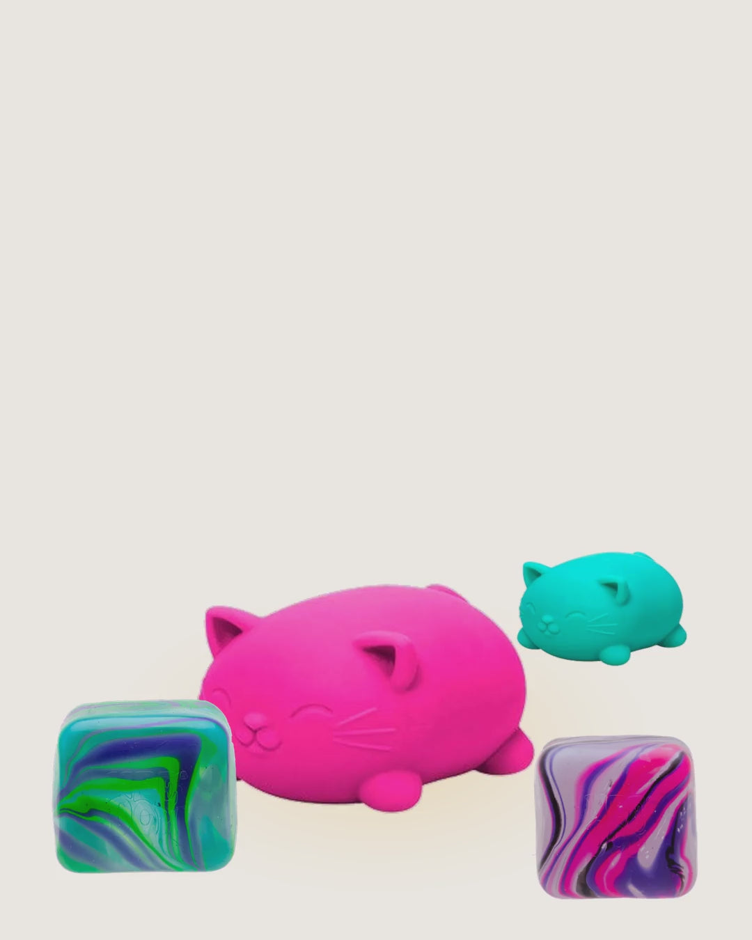4 squishy toys floating 
