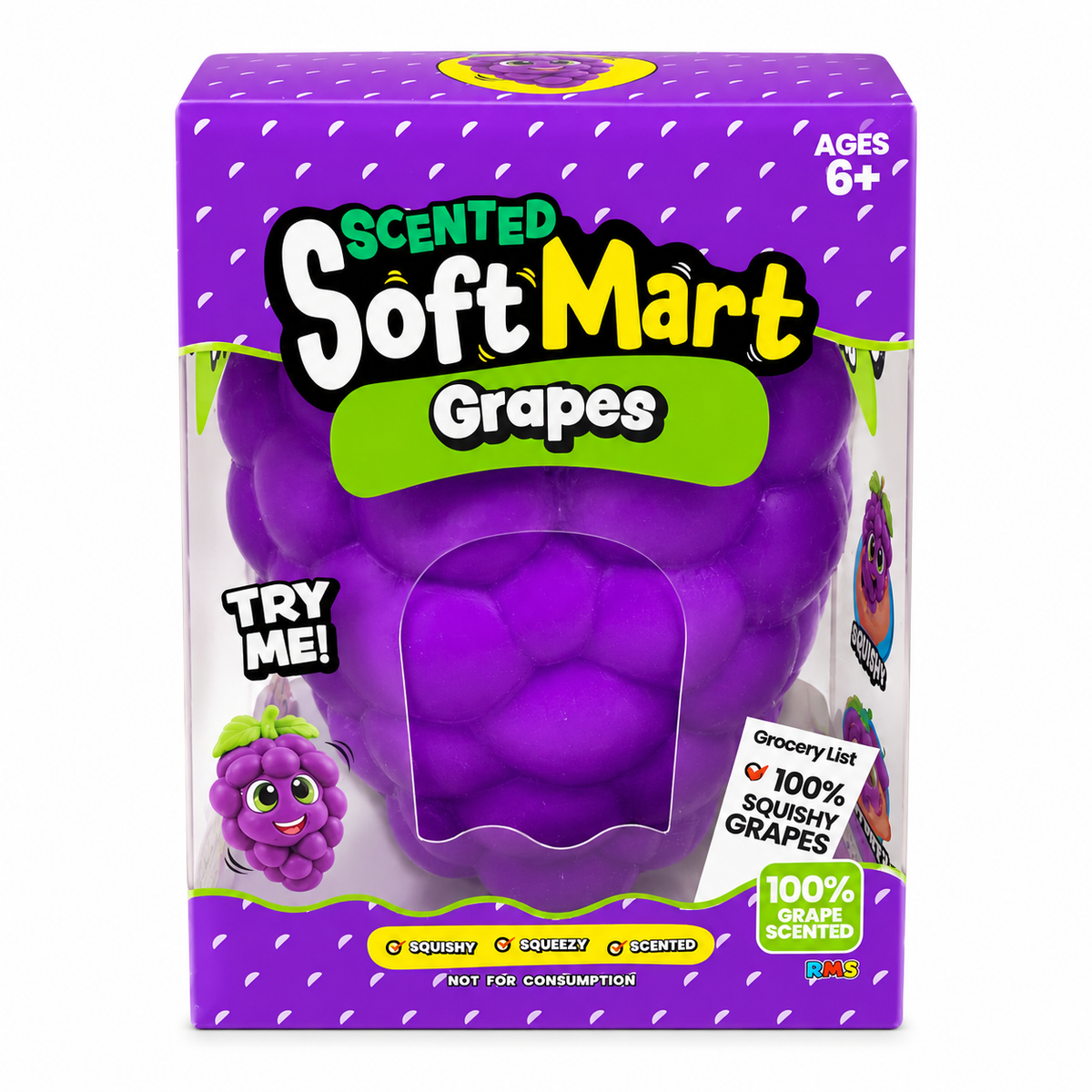 SoftMart scented grape squishy, a cluster of purple grapes, in its package