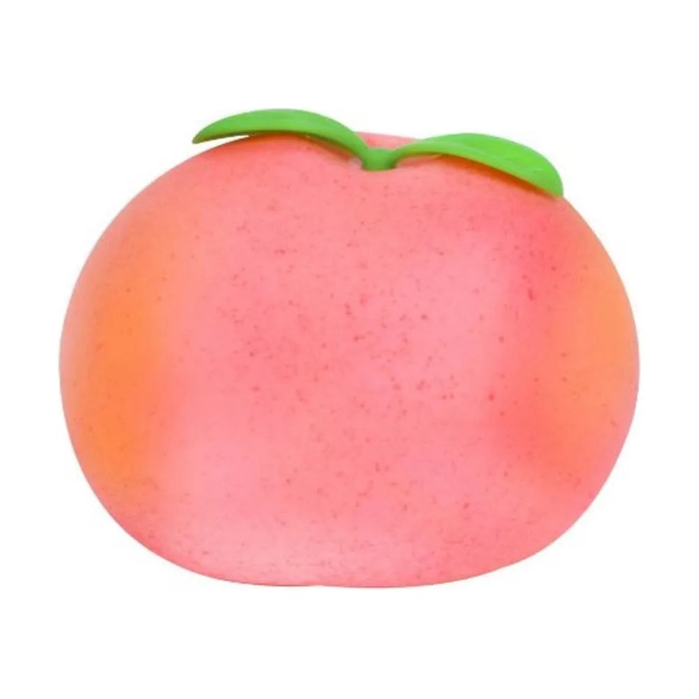 Peach Squishy, a soft pink peach squeeze toy with green leaves